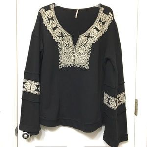 Free People Black V-Neck Sweater with Cream Accents